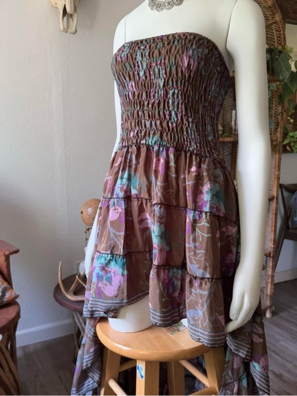 100% silk Asymmetrical Hem Whimsical Fairy Floral Brown Purple Strapless Dress M - Picture 2 of 5